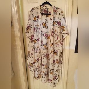 Torrid White Kimono With Purple, Pink, Yellow Flowers with Dark Green Leaved